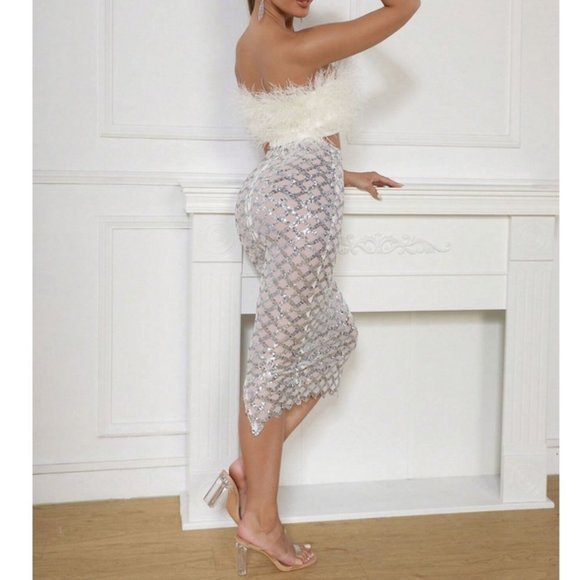 Cream fuzzy Feather Trim Crop Tube Top & Sexy silver Sequin sheer Pencil Skirt - Picture 3 of 10